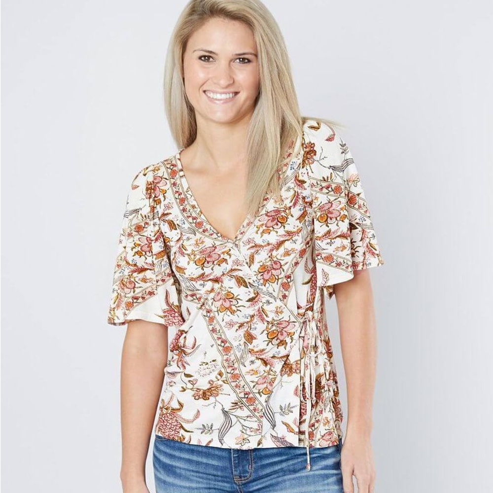 Floral Lucky Brand Wrap Top - White Pink and Brown